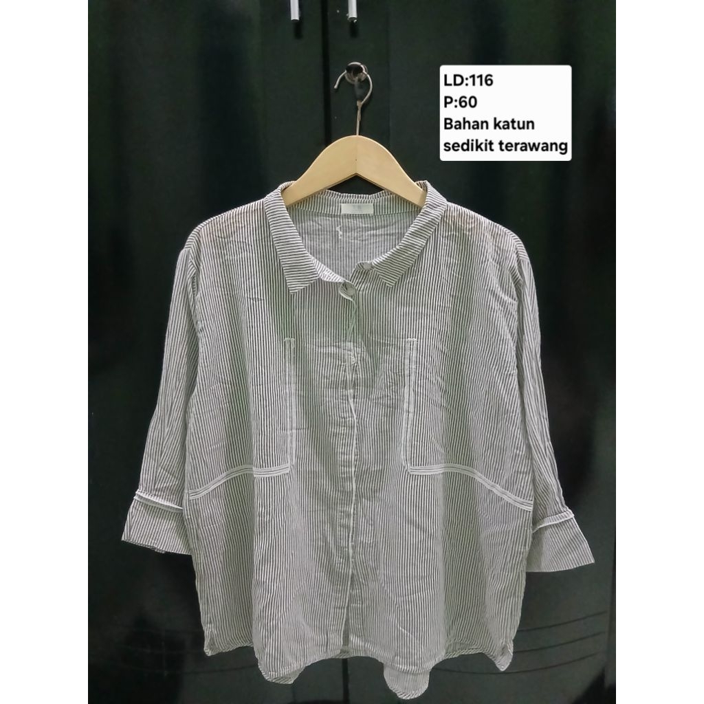 (COD)Atasan kemeja lengan panjang wanita motif salur/garis-garis warna abu abu