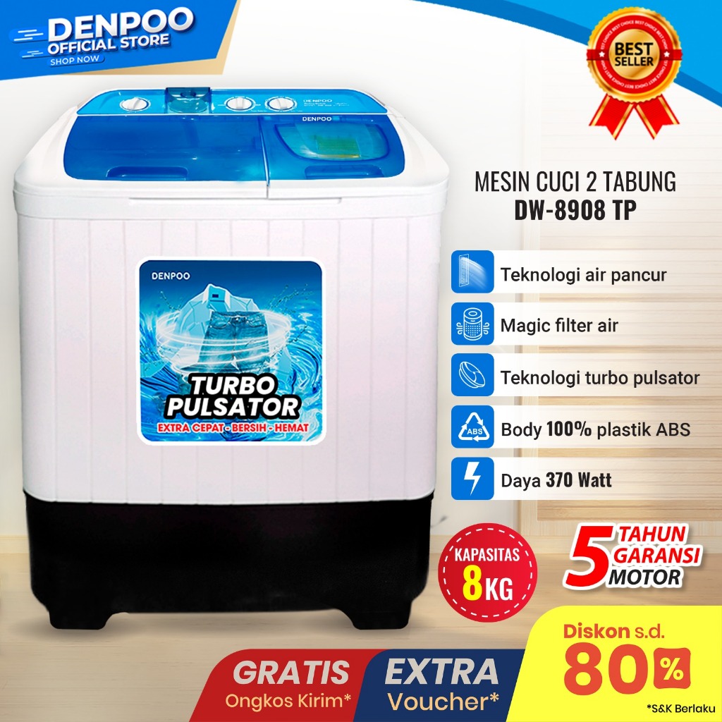 Denpoo Mesin Cuci 2 Tabung DW 8908 TURBO PULSATOR - 8 KG