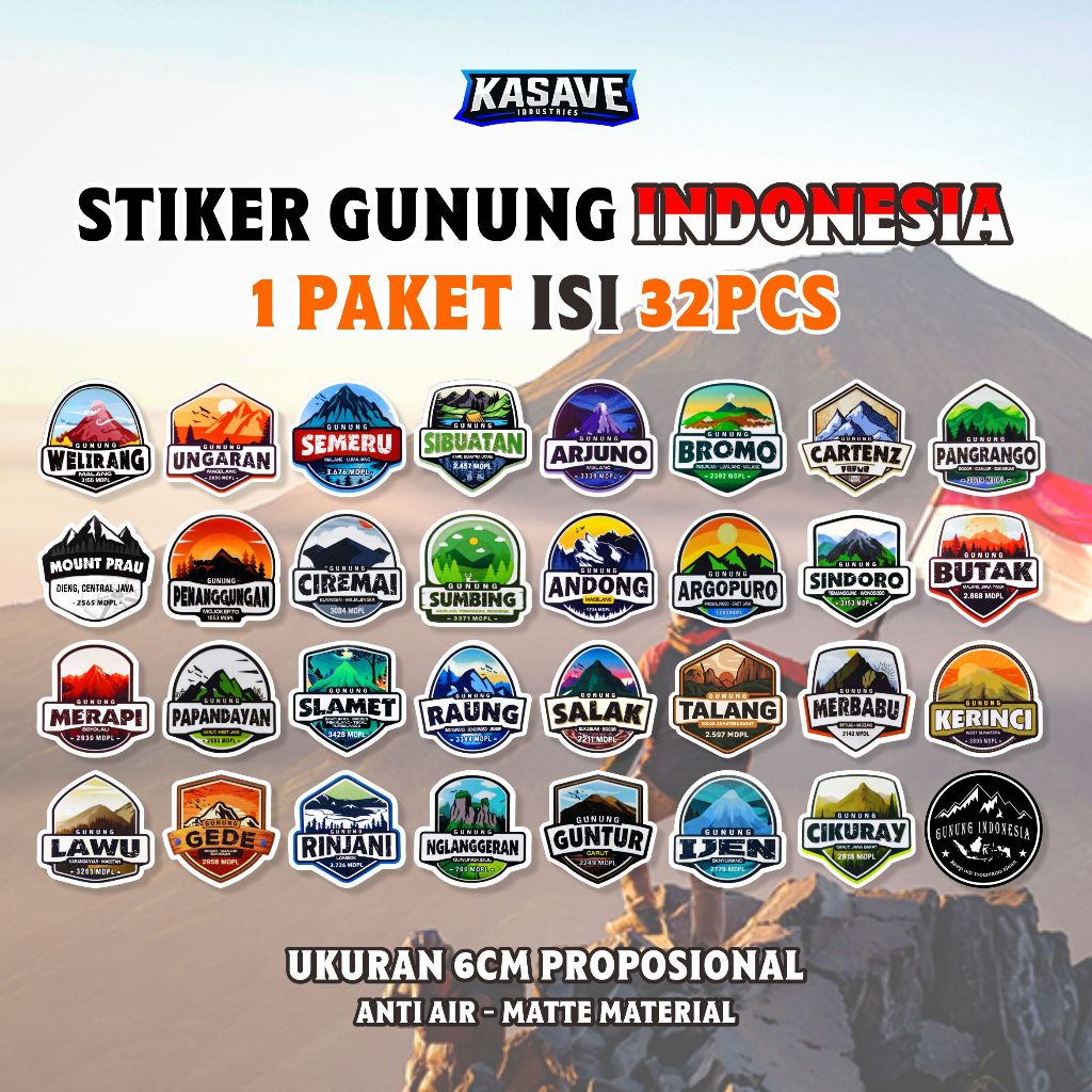 

STIKER GUNUNG INDONESIA 1 PAKET ISI 32 PCS / STIKER OUTDOOR / STIKER GUNUNG / STIKER INDONESIA
