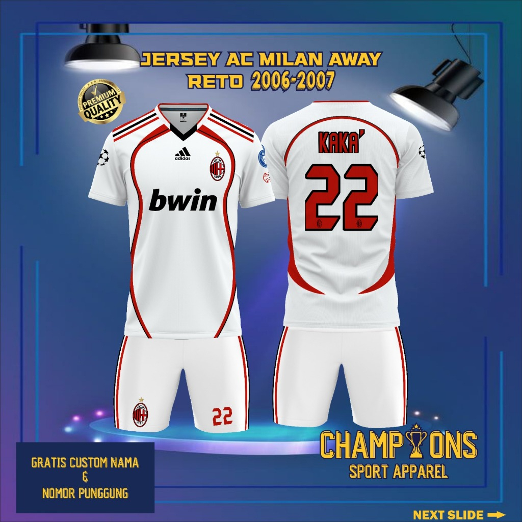 Jersey Bola AC MILAN AWAY RETRO 2006-2007 PENDEK Free Custom Nama dan No punggung Full Printing