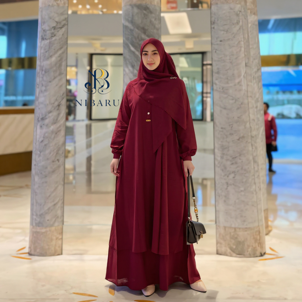 NIBARU - Gamis Malaysia Muslimah Wanita Warna Maroon Bahan Pololinen