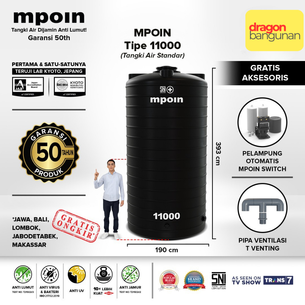 Toren / Tandon / Tangki Air Mpoin Plus 11000 / Mpoin Wave 11000 Hitam