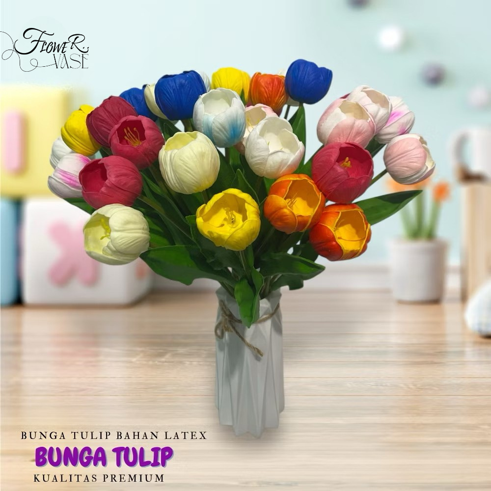 Bunga Tulip Latex Artificial Jumbo Palsu Plastik Bunga Hias Dekorasi Meja Kamar Kos Unik Berkualitas