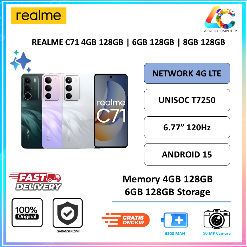 Realme C71 4GB 128GB  Unisoc T7250 (12 nm) IP64 6300Mah 65W Layar 6.67" 120Hz Armorshell Garansi