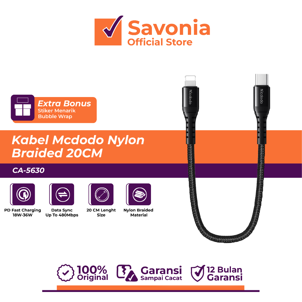 Mcdodo Kabel Power Bank Lightning 20cm –  Nylon Braided, Fast Charging (Banda Aceh)