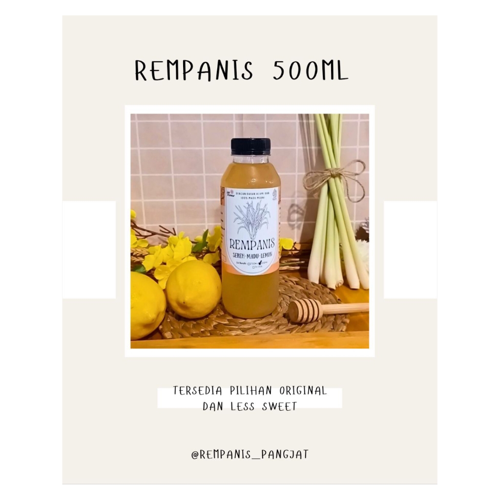 

Rempanis Minuman Herbal Sehat 500ml - Sereh Madu Lemon Segar untuk Daya Tahan Tubuh
