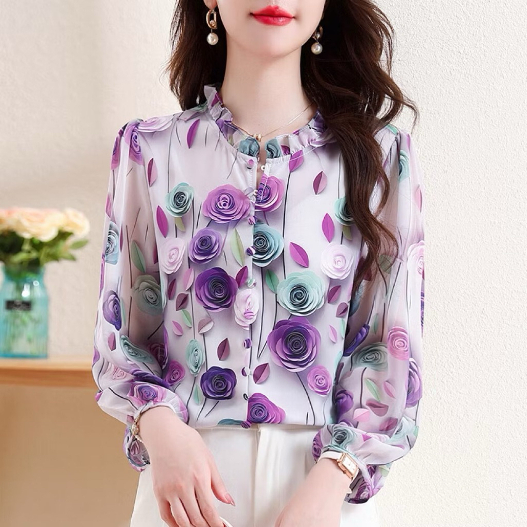 K-18 TENDBLANK Kemeja Wanita Panjang Original | Korea Style Bunga Ungu