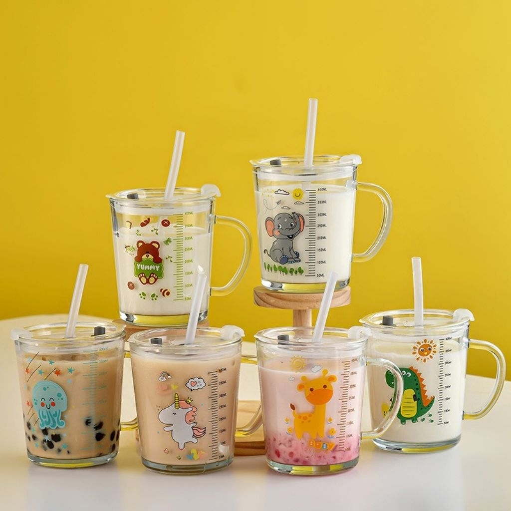 GELAS KACA ANAK KARAKTER / MUG KARAKTER ANTI TUMPAH 400ML