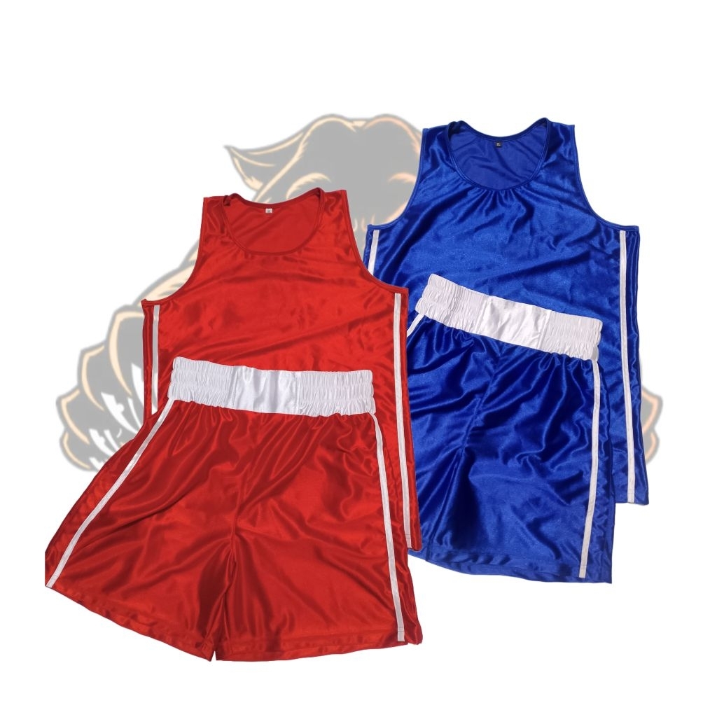 Baju Tanding Tinju Setelan Boxing Garis Dua Warna Merah dan Biru Polos Dan Costume baju tanding tinj