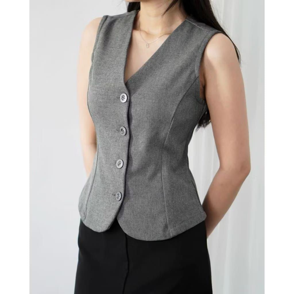 Vest Hitam Wanita Korean Style Semiwoll Premium Rompi Jas Kekinian Outer Tanpa Lengan