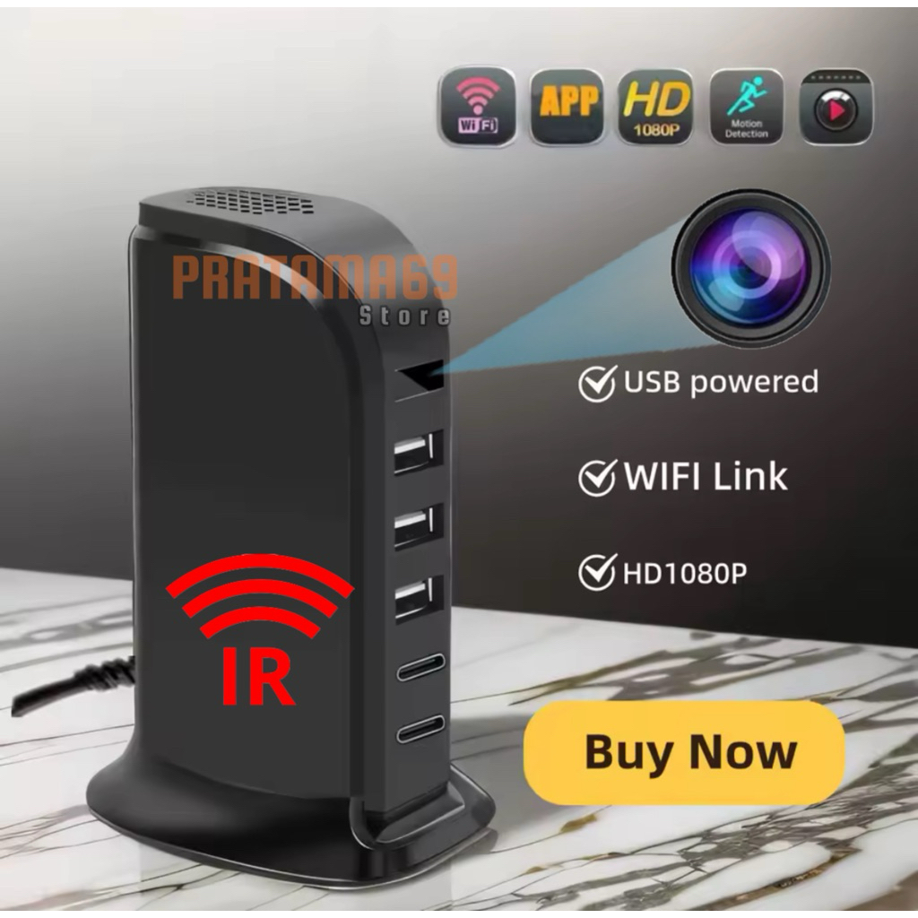 Hub Charger Camera Tersembunyi Mini WiFi 1080P iHD, Deteksi Gerakan, Pemantauan Tanpa WiFi, CCTV Rum