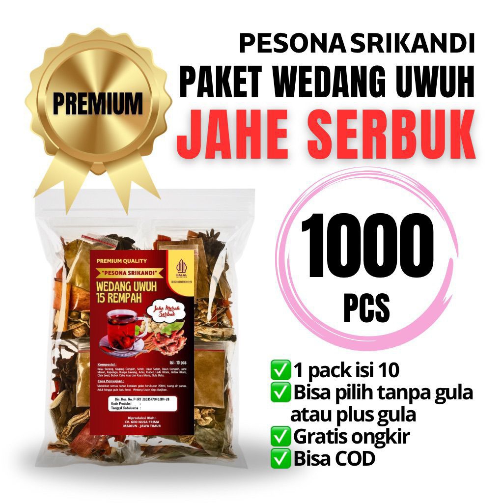 

PAKET 1000 PCS (10 PACK) PREMIUM WEDANG UWUH 16 REMPAH JAHE SERBUK PESONA SRIKANDI