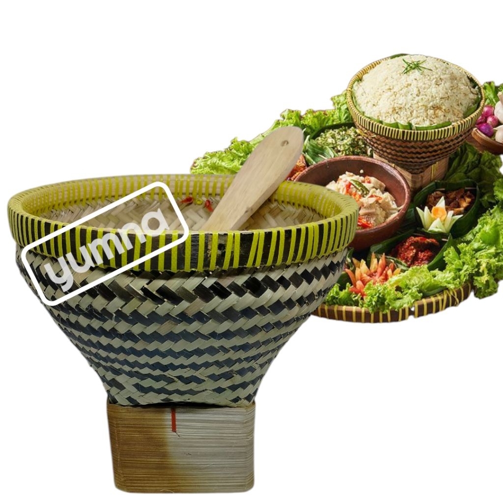 BAKUL NASI KULIT KECIL GRATIS CENTONG NASI KAYU bakul bambu kulit mini BAKUL NASI 1 LITER WADAH PENY