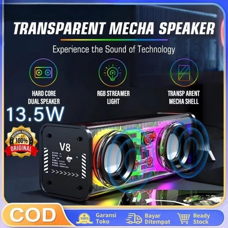 Speaker Bluetooth Fleco V8 Transparent RGB Light Music Armour Dual Speaker Portable Subwoofer Super 