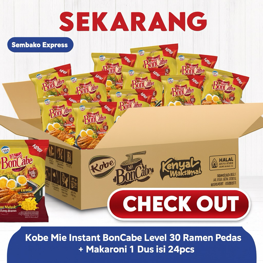 

Kobe Mi Instan BonCabe Ramen Pedas + Makaroni Level 30 1 Dus Isi 24 pcs x 90g