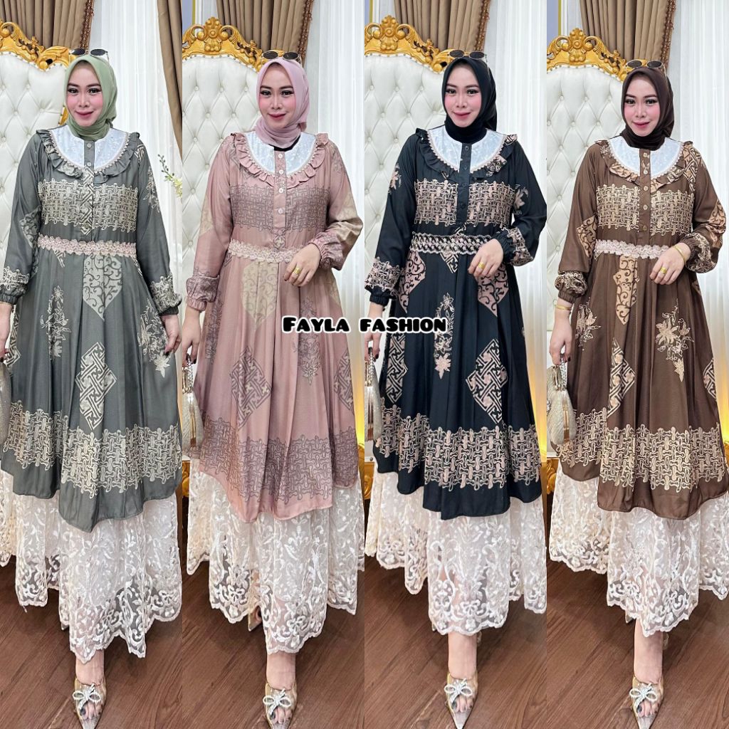 MELODY Dress Wanita Bahan Jaguar Organza Premium Mix Biba Print Mewah Rempel