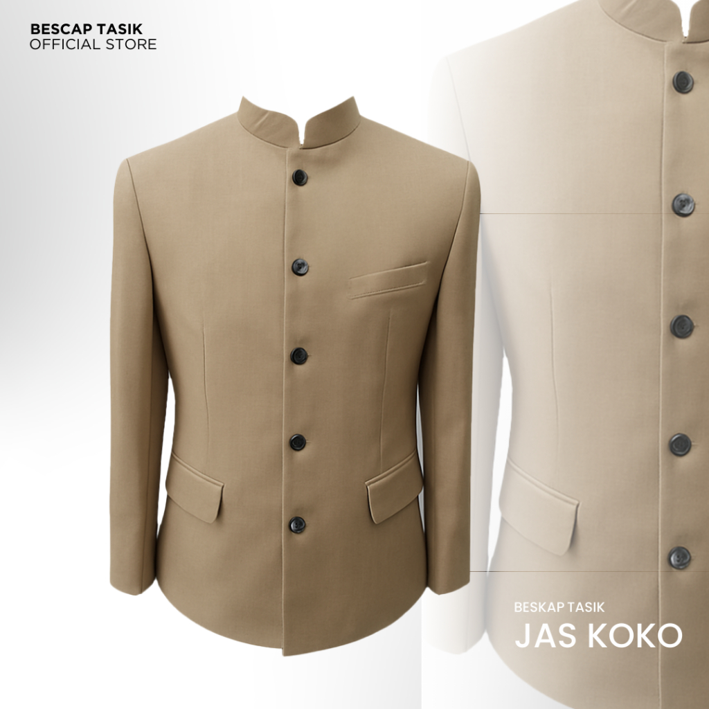 Beskap Jas Koko Coklat Muda Polos Saku Tutup Warna Alam Pria Muslim Premium Formal Informal S-XXL