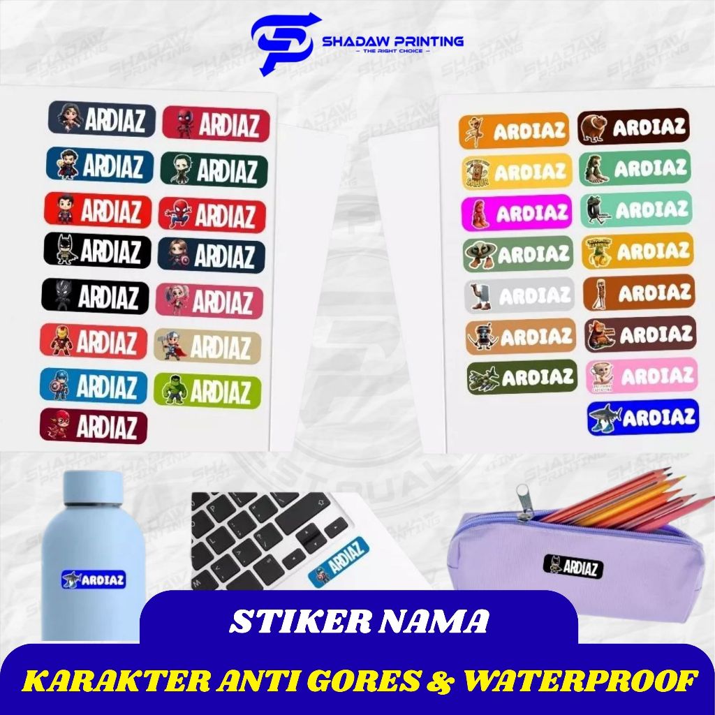 

Sticker nama anak karakter isi 15pcs ukuran 5 CM Anti Air VINYL (Waterproof) Sudah FREE di laminasi Sticker nama anak Custom