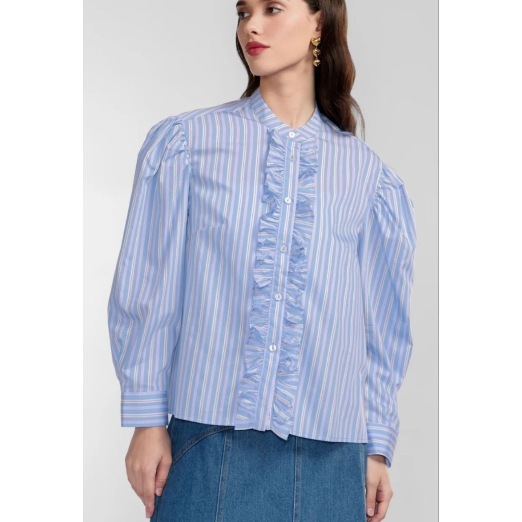 Benang Jarum Poppy Ruffle Shirt Kemeja Stripe Biru