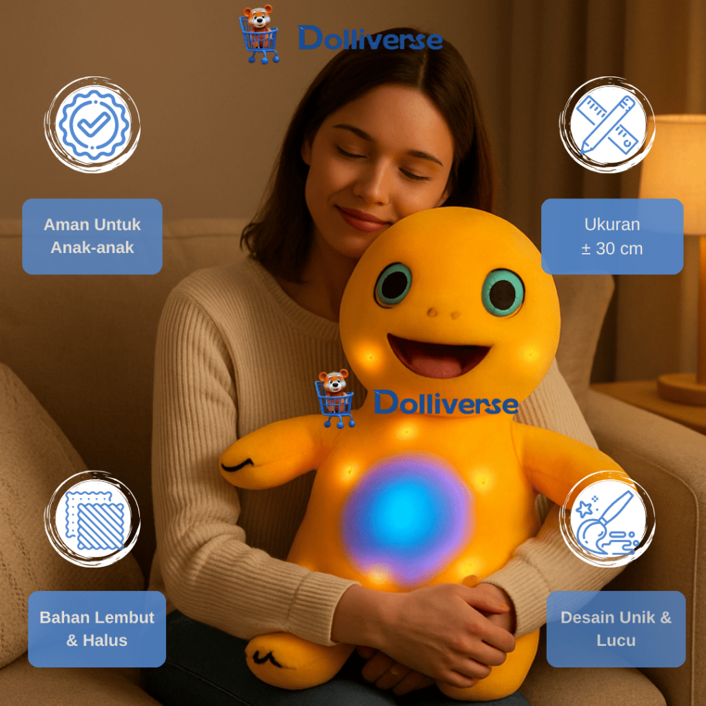 Dolliverse Boneka Dino Kuning Gemoy Naloong Plush LED Bisa Menyala Dinosaurus Naloong Susu Naga