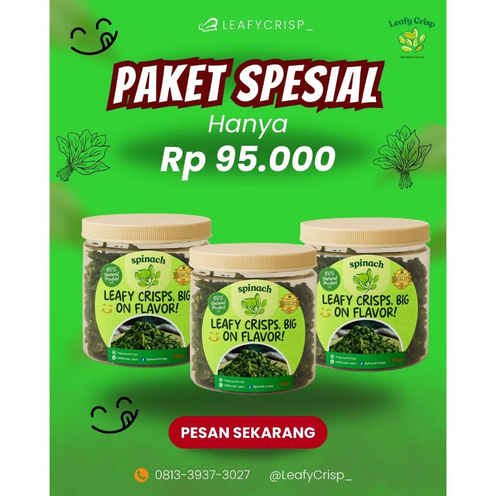 

Leafy Crisp Bayam Krispi 100gr – Snack Tabur Renyah Sehat Rasa Balado, Extra Pedas & Barbeque