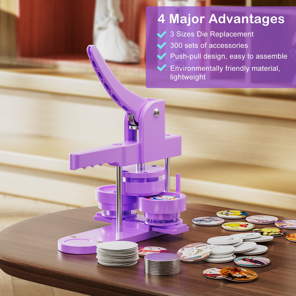 

Stock siap + COD Button Badge Maker Machine, Different size mold ,25,32,58mm mold DIY Badge Pin Maker Machine Kit with 300pcs Badge Parts/Pic/Circle Cutter&Purple Mesin pembuat lencana tombol