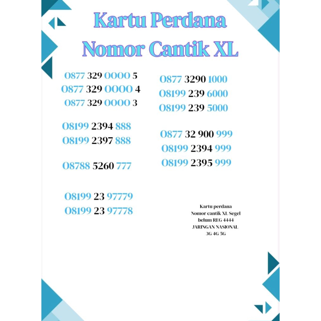 Kartu Perdana Nomor Cantik XL Triple Ekor 777 888 999 000 dan kuartet 0000