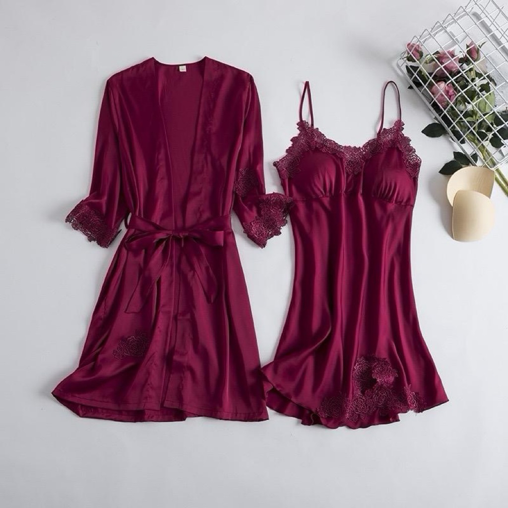 VICTORIA - Kimono One Set Dress+Outer  Lingerie Ice Silk Kimono Panjang Baju Tidur Wanita Premium Se