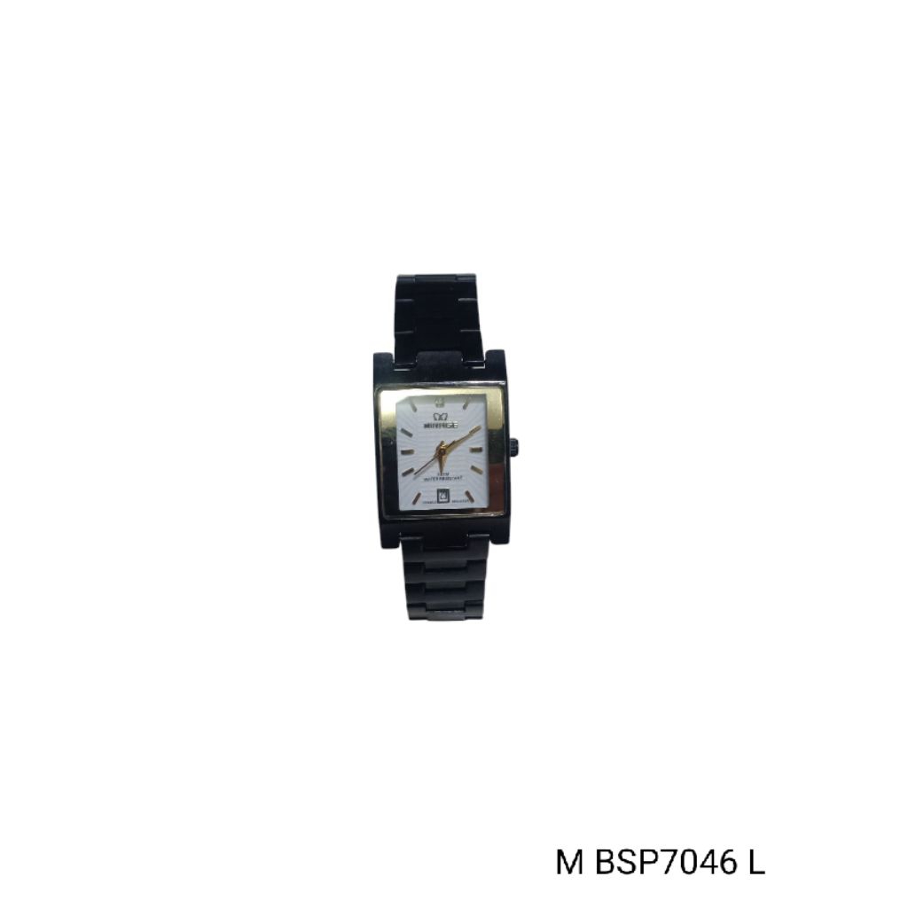 JAM TANGAN WANITA MIRAGE KOTAK M BSP7046 L TGL AKTIF TALI RANTAI HITAM STAINLESS STEEL WATER RESISTA