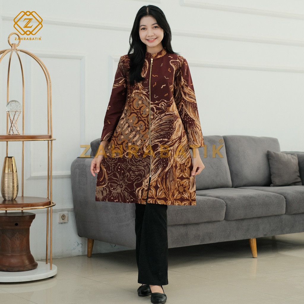 Batik Zahra-Tunik Wanita-Motif Abstrak Daun Warna Maroon