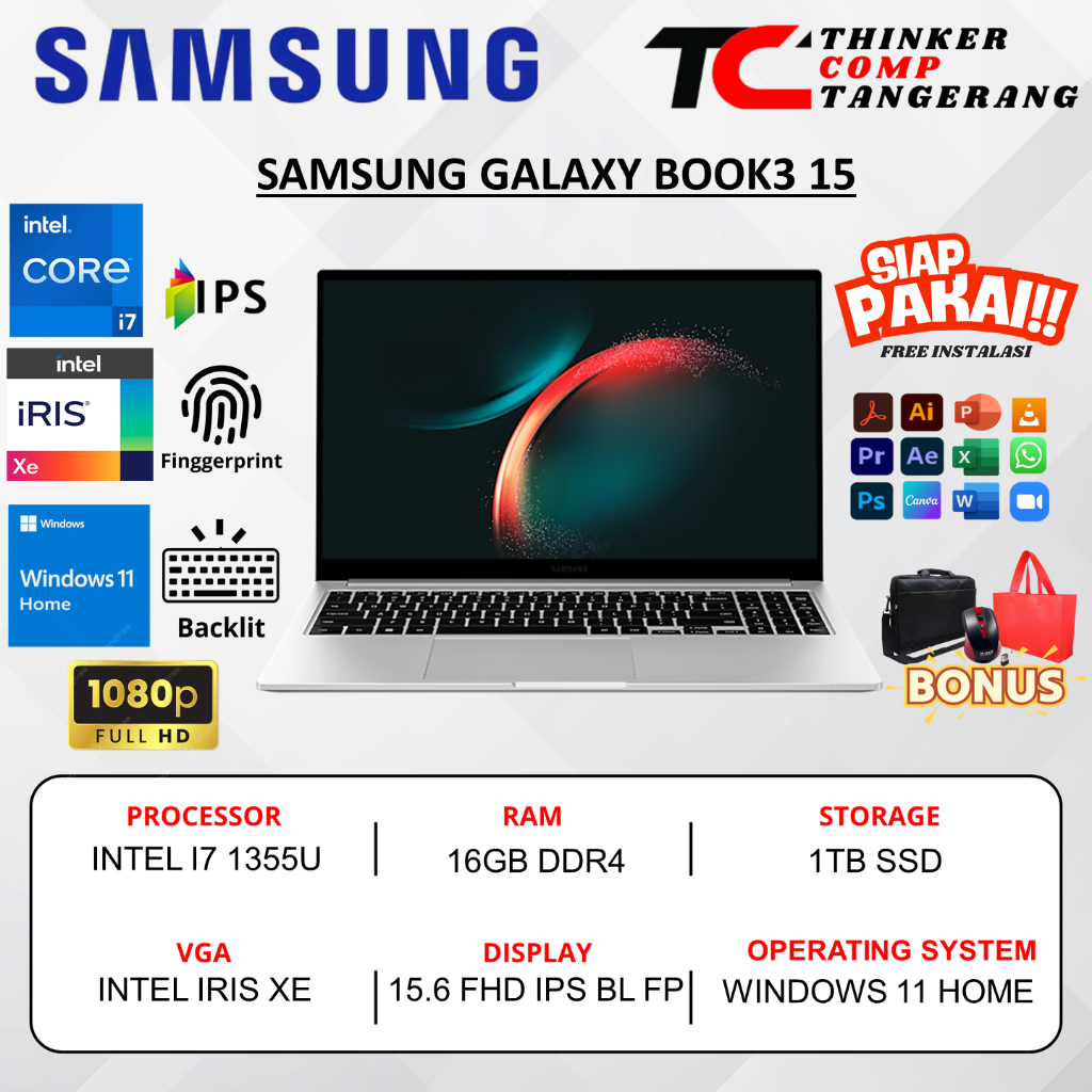 Laptop Samsung Galaxy Book3 15 Intel Core i7 1355U 16GB DDR4 1TB 15.6 Inch Full HD IPS Win 11