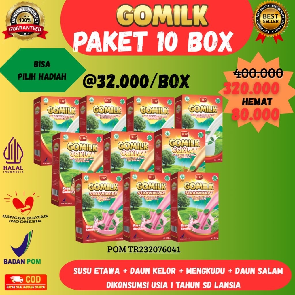 

[Pilih hadiah] PAKET RESELLER 10 BOX GOMILK - susu etawa plus herbal maag, asam urat, tulang kuat