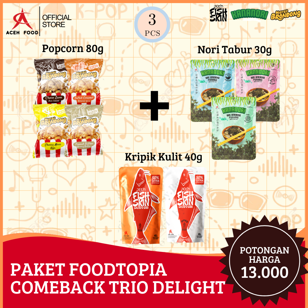 

[LIMITED EDITION] PAKET FOODTOPIA 5 – COMEBACK TRIO DELIGHT | HEMAT 13K | 1 PCS Snack Kananori Furikake Rumput Laut Tabur, 1 PCS Mister Brondong Popcorn & 1 PCS Fish Skin Salted Egg Keripik Kulit Ikan Lauk Makan Cemilan Crispy Gurih Renyah - Aceh Food