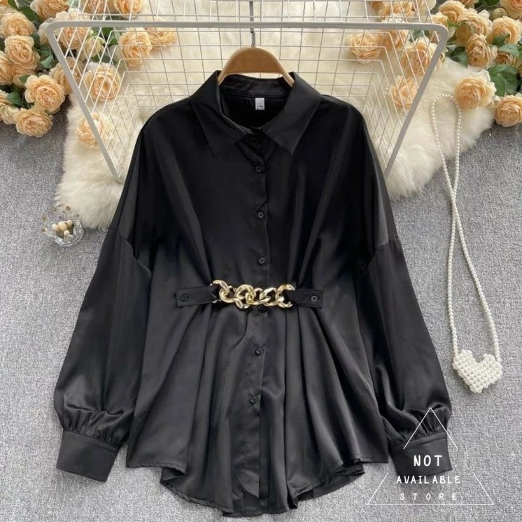 Blouse Crinkle Wanita Lengan Panjang + Belt Rantai Elegan