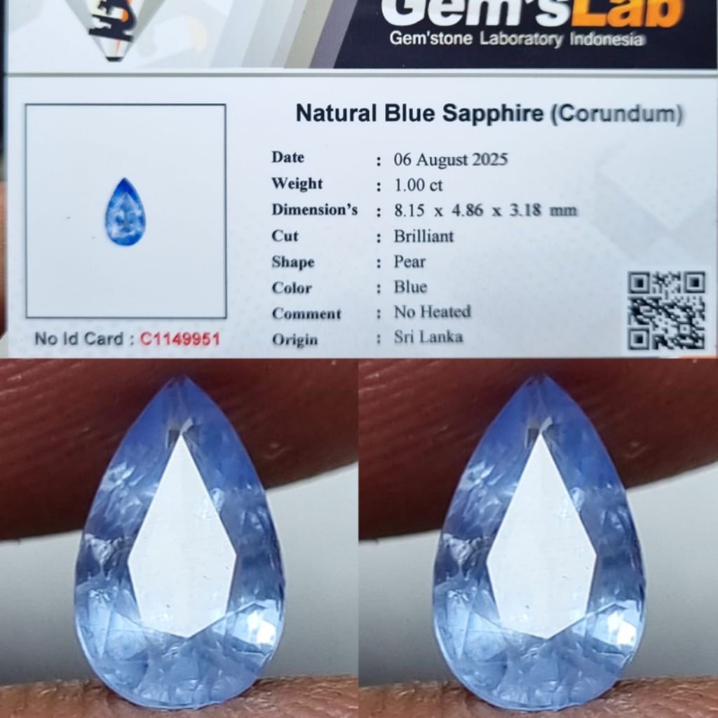 NATURAL BLUE SAPPHIRE PEAR SRI LANKA MEMO GLI LAB