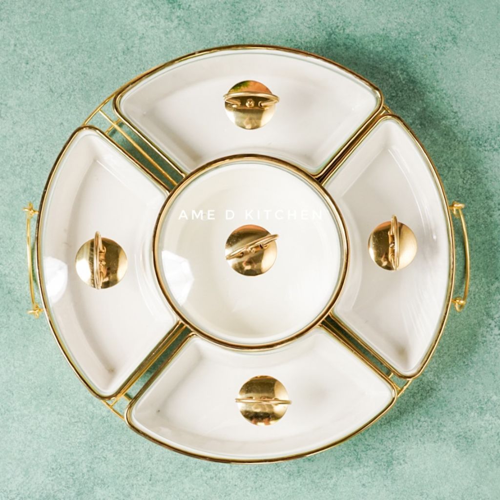 Prasmanan keramik gold tutup kaca medium isi 5 pcs + rak putar cristal indo