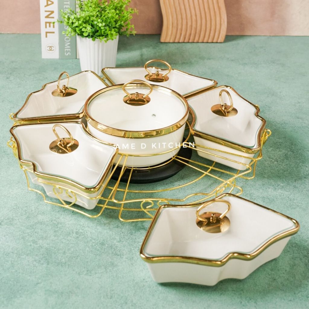 Prasmanan keramik gold tutup kaca Large isi 6 pcs + rak putar cristal indo