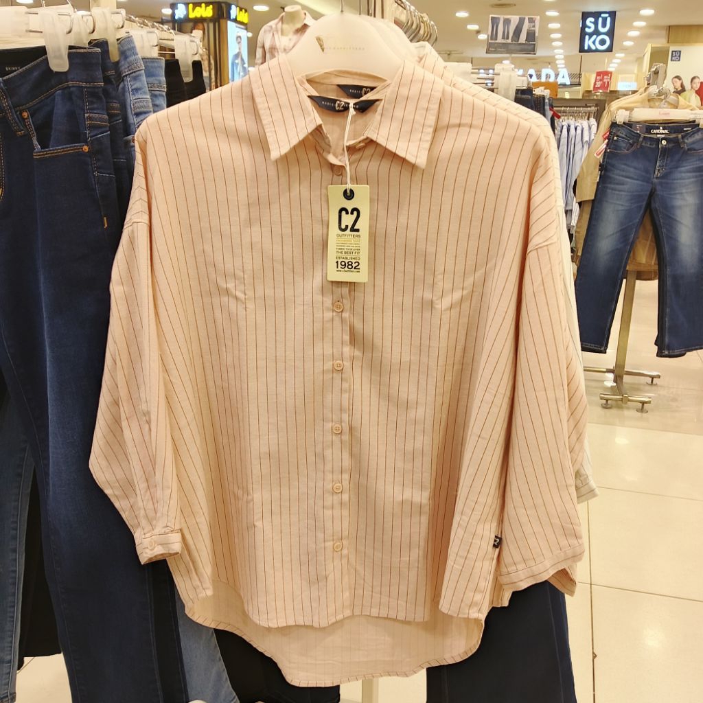 C2 KEMEJA WANITA LENGAN PANJANG OVER SIZE- KEMEJA KERAH WANITA GARIS GARIS - ORIGINAL