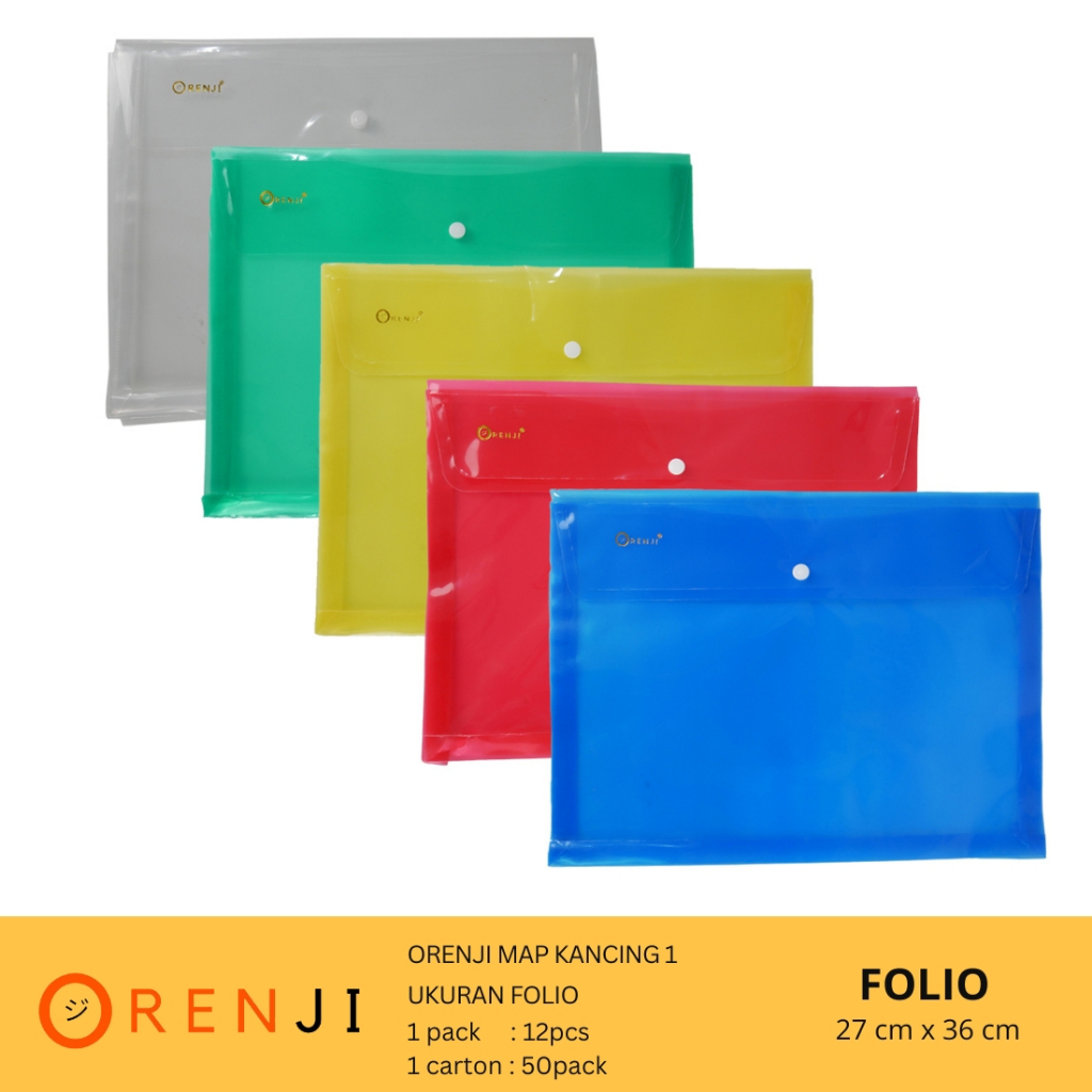 

Orenji Map Kancing 1 Ukuran Folio - 1pack berisi 12pcs - Ukuran 27cm x 36cm - Tempat menyimpan berkas dan kertas