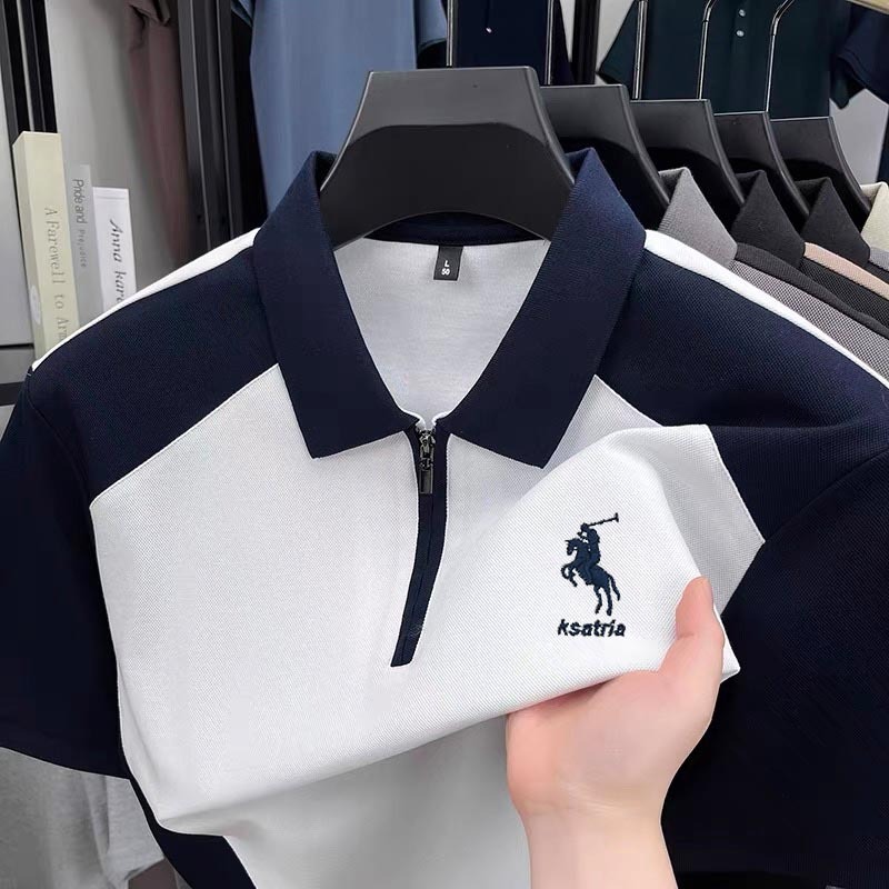 Polo Zipper Pria Kemeja Polo Pria Lengan Panjang dengan Ritsleting - Desain Kontras dan Trendi Kemej