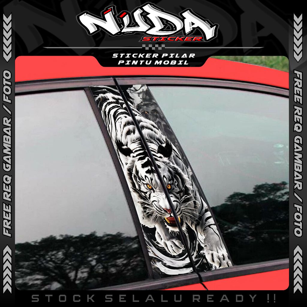 ✧BISA REQUEST GAMBAR✧ Sticker Pilar Kaca Mobil Universal Motif MACAN PUTIH - 1 Set Kanan Kiri