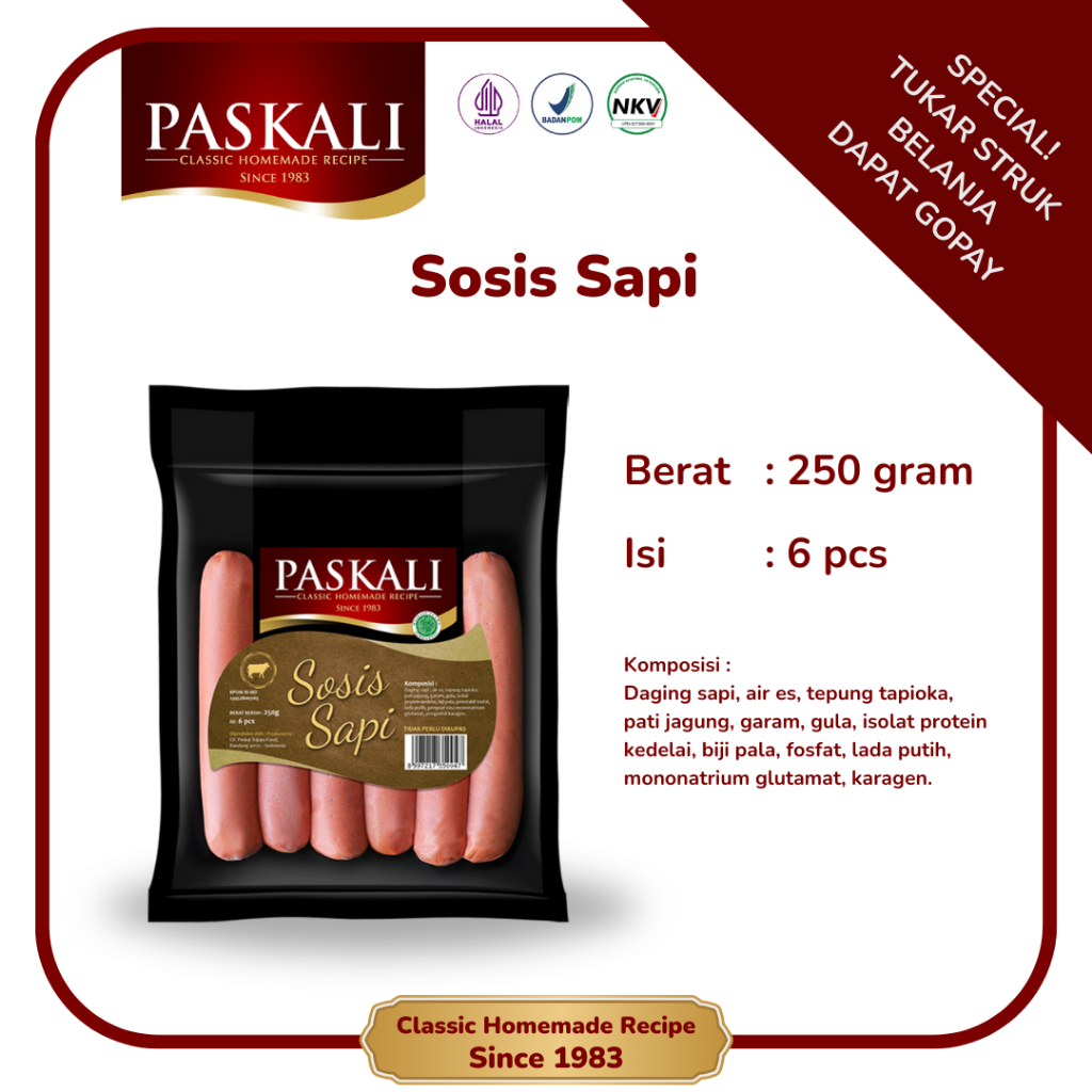 

Sosis Sapi Paskali 220 Gram Isi 6 Pcs