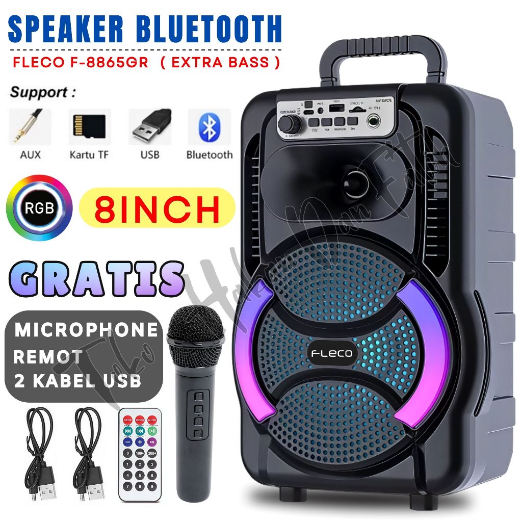 Speaker Bluetooth Portable FLECO F-8865 GR.Konektivitas Bluetooth 5.0, 9 mode lampu LED, driver 8 in