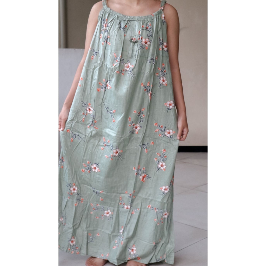 Home Dress Wanita Daster Rayon Motif Bunga Tali Gantung Maxi Dress Adem Jumbo