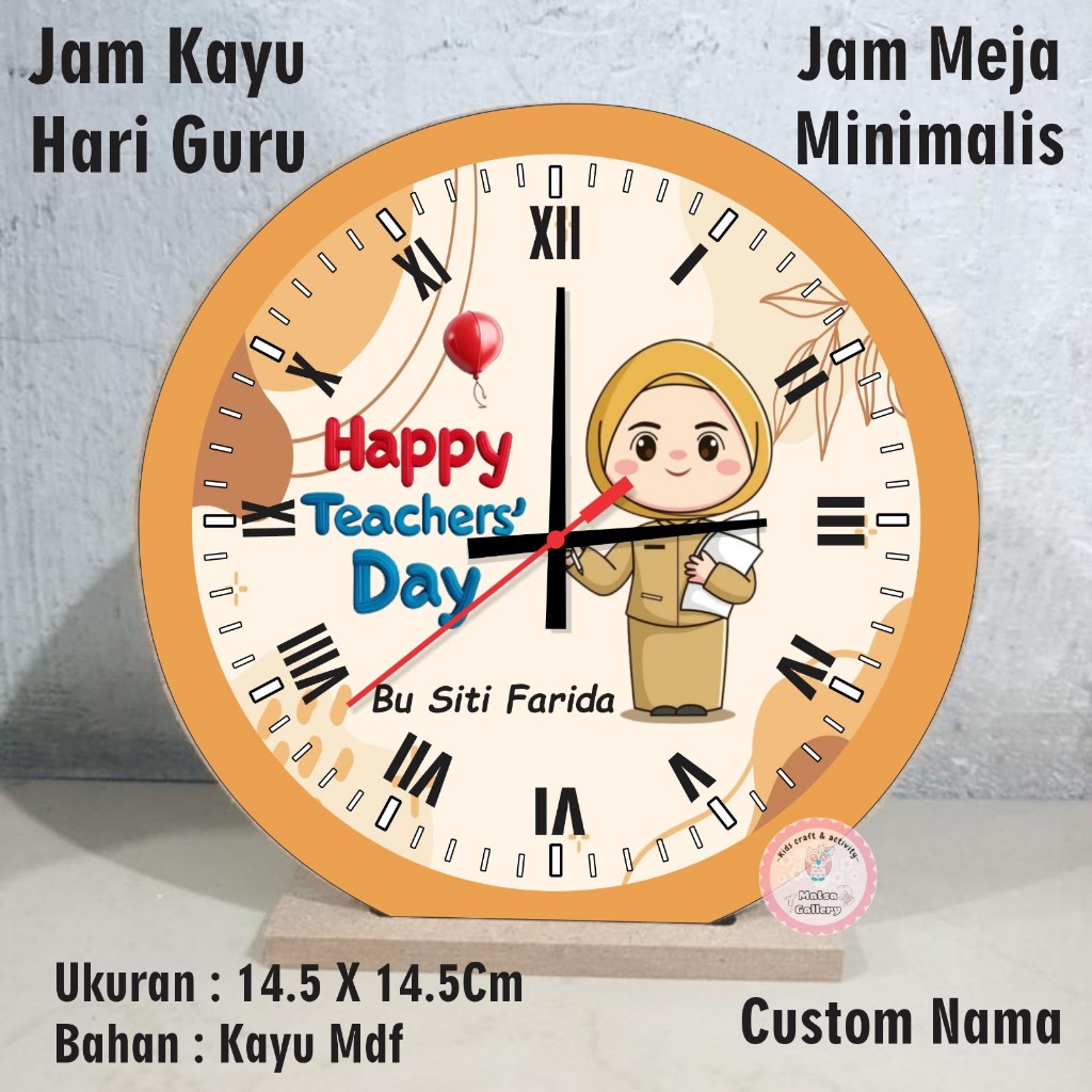 Jam meja kayu MDF diameter 15cm custom nama / jam hari guru / souvenir / hampers guru custom tulisan