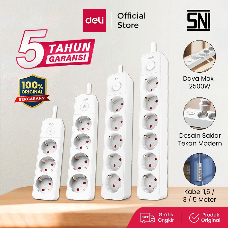 Deli Stop Kontak Arde 3/4/5/6 Lubang Kabel 1,5/3/5 Meter Saklar Switch Tahan Panas Child Safe  Berga