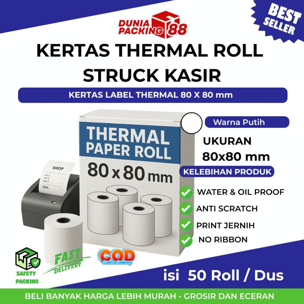 

KERTAS THERMAL STRUK KASIR 80x80 mm POLOS SILVER / KERTAS THERMAL 80 x 80 mm / KERTAS KASIR ROLL
