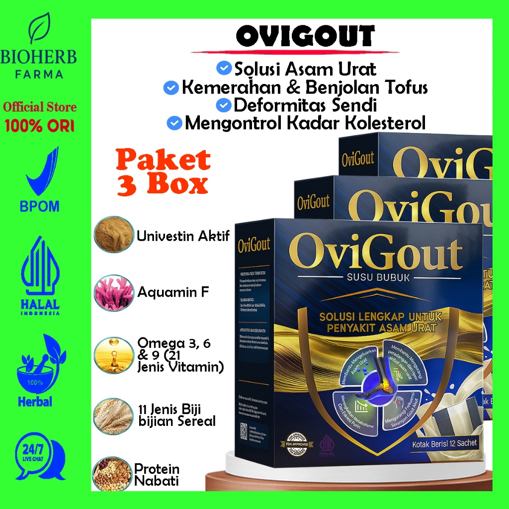 

Ovigout Susu Herbal Untuk Asam Urat Nyeri Sendi dan Nyeri Tulang terbuat dari bahan alami Isi 3 Box