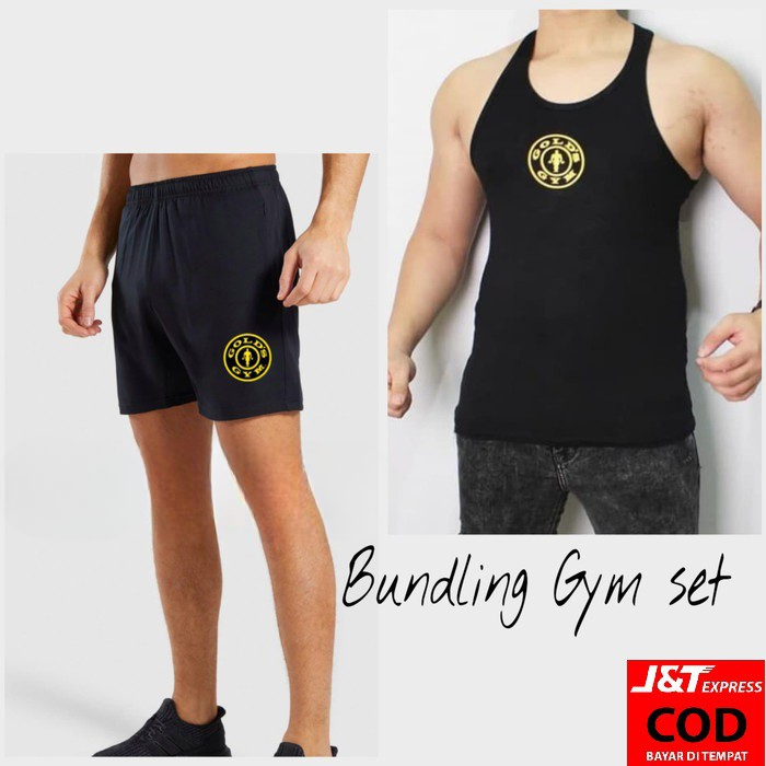 { BISA COD } GOLD-GYM Bundling / stelan Kaos SINGLET olahraga gym fitnes pria training