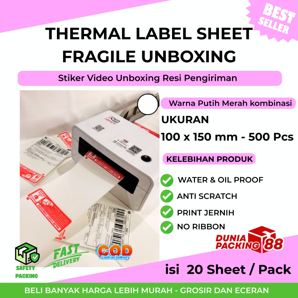 

Label Thermal Sheet 100x150 mm Isi 500 Pcs Stiker Video Unboxing Resi Pengiriman A6 [Dunia Packing88]